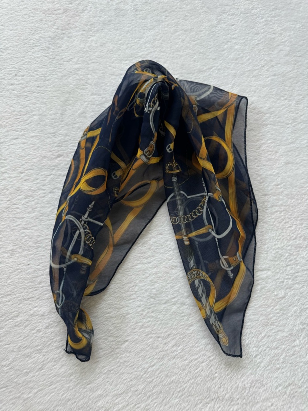 Navy & Gold Chain Print Silk-Like Scarf